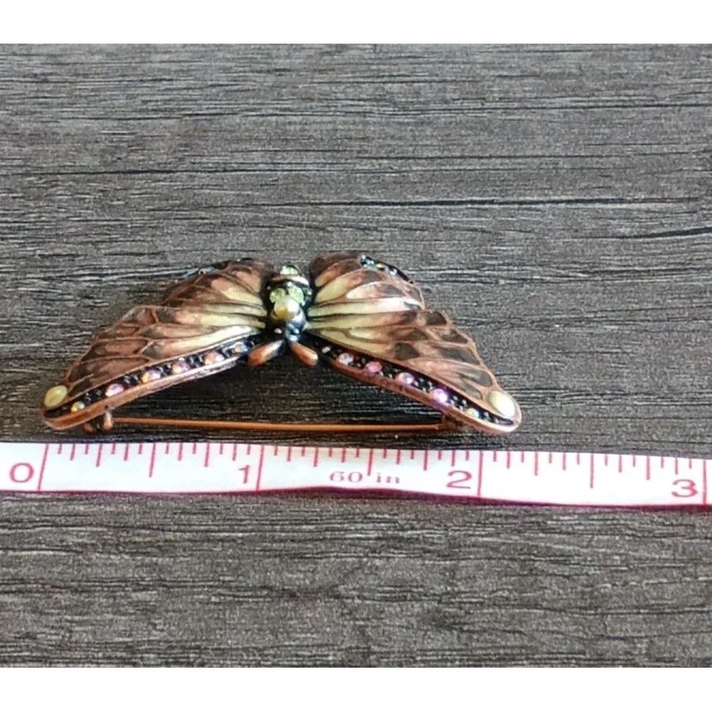 Joan Rivers Butterfly Copper Orange Green Rhinestone Pearlized Enamel Brooch